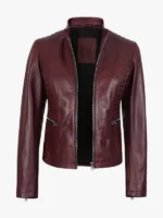 Womens Maroon Leather Cafe Racer Jacket