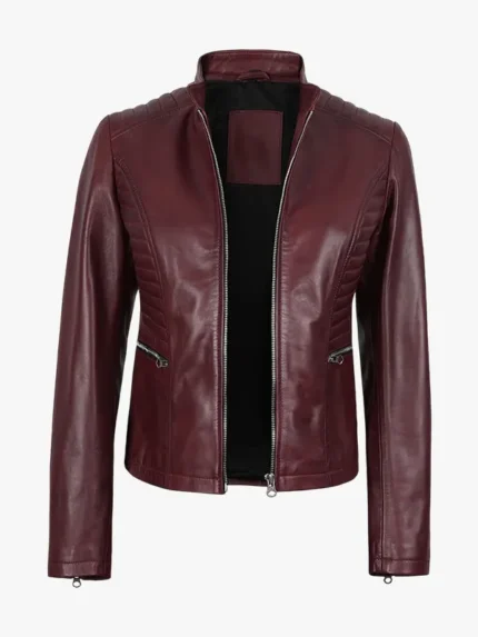 Womens Maroon Leather Cafe Racer Jacket