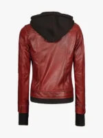 Womens Maroon Leather Jacket with a Removable Hood