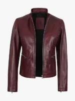 Women Maroon Slim Fit Leather Jacket