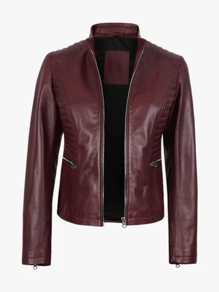 Women Maroon Slim Fit Leather Jacket