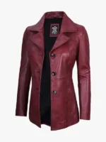 Womens Real Leather Burgundy Blazer Coat