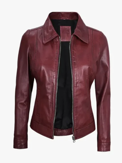 Womens Shirt Collar Burgundy Leather Jacket