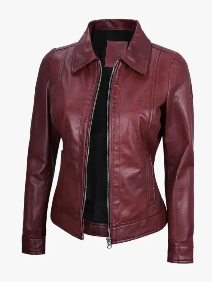 Womens Shirt Collar Maroon Leather Jacket