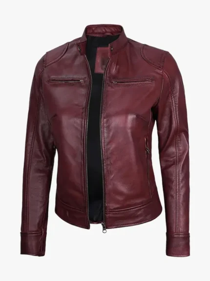 Womens Real Leather Maroon Moto Jacket