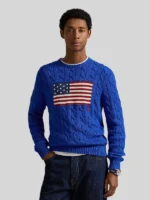 Men Polo Ralph Lauren Cable Knit Flag Sweater Blue