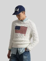 Men Ralph Lauren Cable Knit Flag Sweater White