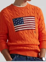Men's Ralph Lauren Cable Knit Flag Orange Sweater
