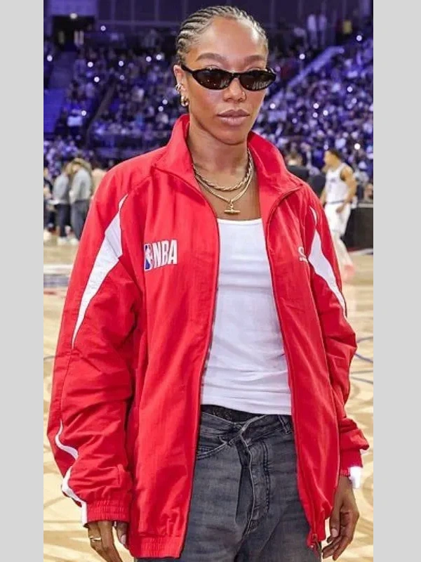NBA All Star London Game 2026 Naomi Ackie Red Track Jacket NBA All Star London Game 2026 Naomi Ackie Red Track Jacket