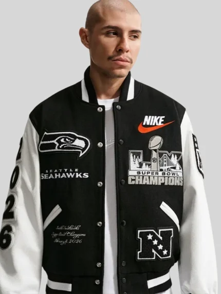 NFL Seattle Seahawks Super Bowl Letterman Jacket Black and White