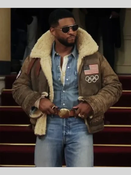 Olympics 2026 Usher Shearling Leather Brown Jacket