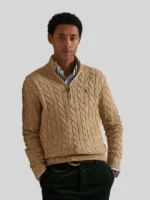 Polo Ralph Lauren Men Cable-Knit Cotton Quarter-Zip Sweater Camel Melange