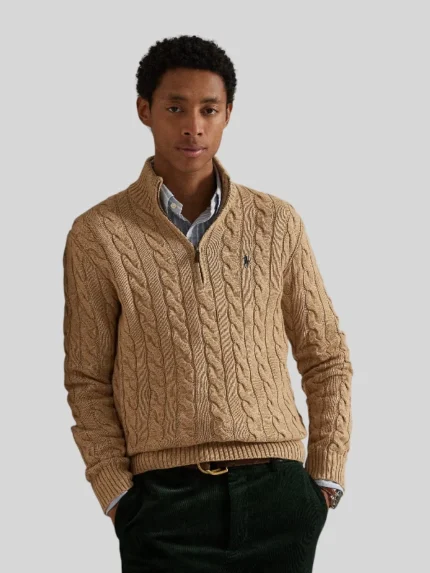 Polo Ralph Lauren Men Cable-Knit Cotton Quarter-Zip Sweater Camel Melange