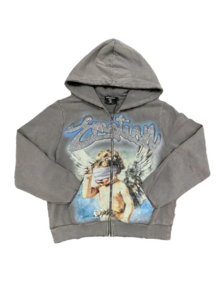 Mixed Emotions Angel Rhinestone Hoodie Grey