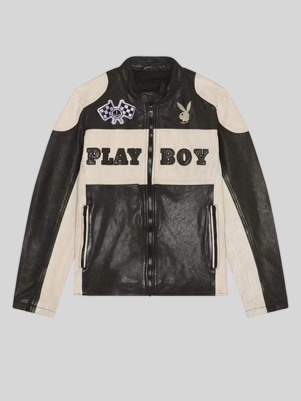 Playboy Anderson Leather Jacket Black and Cream Playboy Anderson Leather Jacket Black and Cream