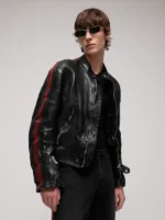 Gucci leather biker jacket with web detail