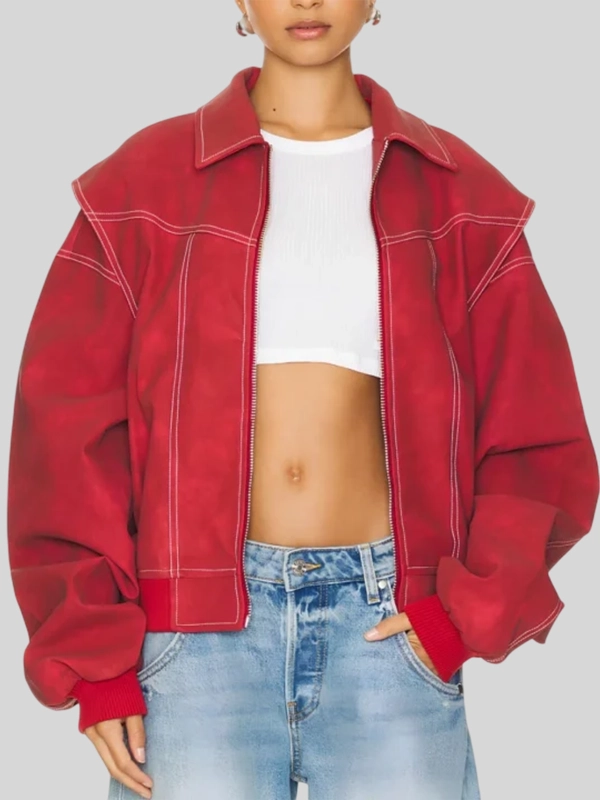 LIONESS Vista Oversized Bomber Jacket Red LIONESS Vista Oversized Bomber Jacket Red