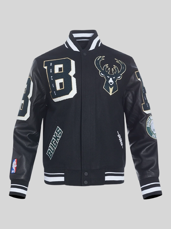 Milwaukee Bucks Mashup Rib Wool Varsity Jacket Black Milwaukee Bucks Mashup Rib Wool Varsity Jacket Black