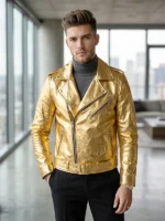Gold Metallic Biker Leather Jacket
