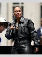 New York Knicks NBA Championship Victory Parade 2026 Alicia Keys Black Cropped Leather Jacket