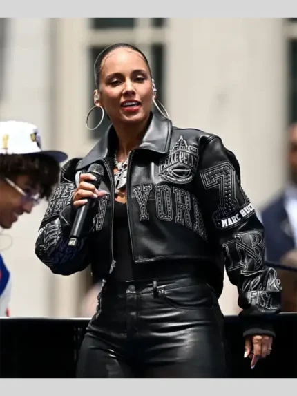 New York Knicks NBA Championship Victory Parade 2026 Alicia Keys Black Cropped Leather Jacket