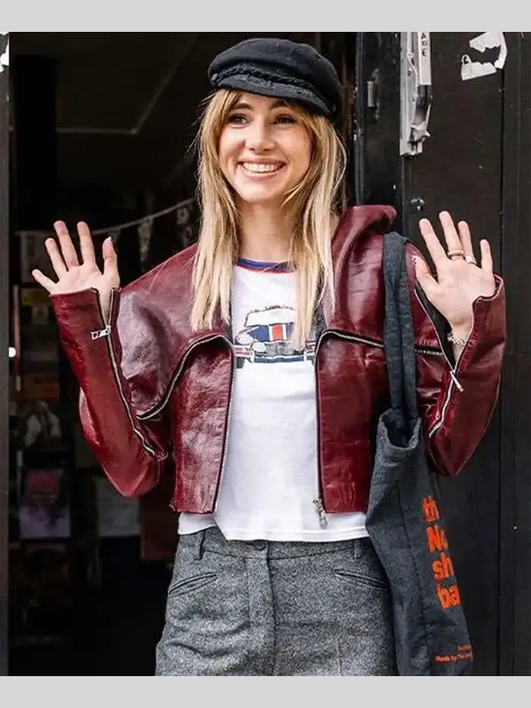 Notting Hill 2026 Suki Waterhouse Burgundy Leather Jacket Notting Hill 2026 Suki Waterhouse Burgundy Leather Jacket
