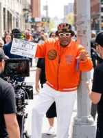Pro Basketball Finals Spike Lee Orange Knicks Jacket Blue Skies Bomber