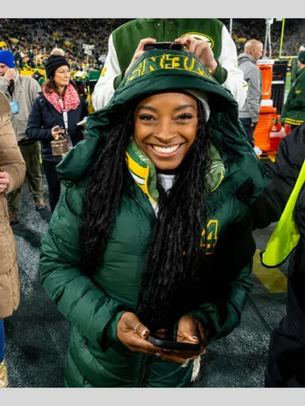 Simone Biles 2026 Green Bay Packers Green Hooded Puffer Jacket