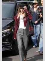Suki Waterhouse Burgundy Leather Jacket