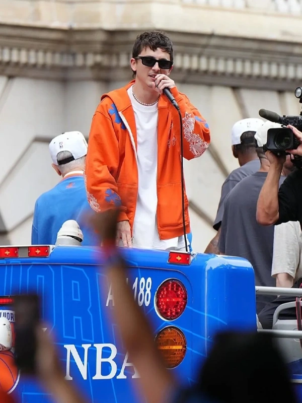 Timothée Chalamet Knicks Parade Chrome Hearts Orange Hoodie Timothée Chalamet Knicks Parade Chrome Hearts Orange Hoodie