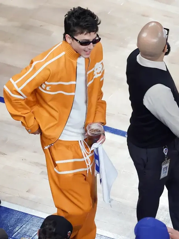 Timothee Chalamet NBA Finals Game 3 Orange Tracksuit Timothee Chalamet NBA Finals Game 3 Orange Tracksuit