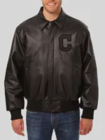 Cleveland Indians Shirt Collar Black Leather Varsity Jacket