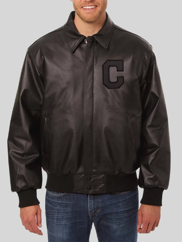 Cleveland Indians Shirt Collar Black Leather Varsity Jacket Cleveland Indians Shirt Collar Black Leather Varsity Jacket