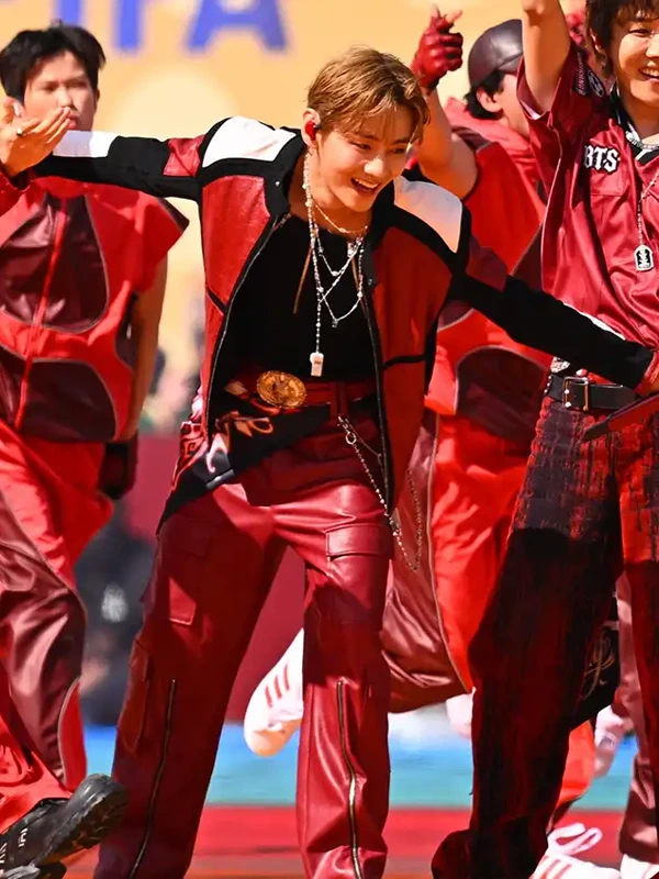 FIFA World Cup Final Halftime Show Kim Taehyung Red Leather Jacket FIFA World Cup Final Halftime Show Kim Taehyung Red Leather Jacket