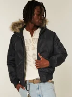 Hollister Faux Fur Trim Hooded Bomber Jacket Black