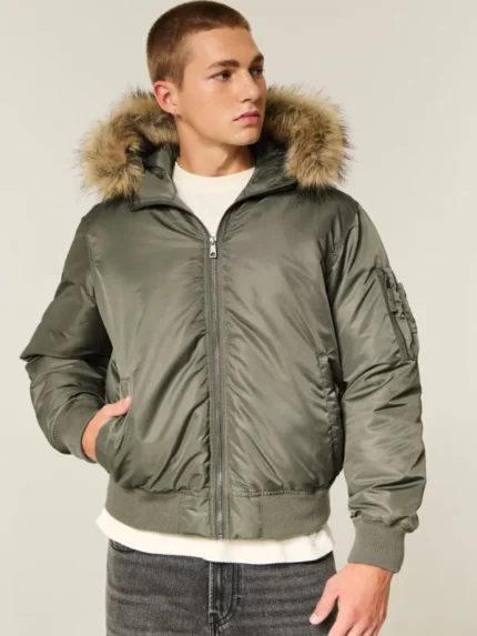 Hollister Faux Fur Trim Zip-Up Bomber Jacket