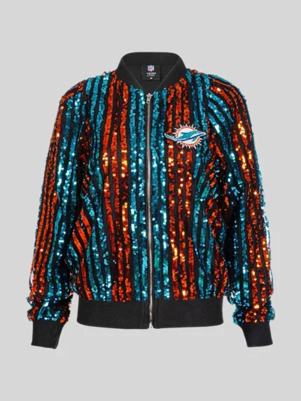 Miami Dolphins Sequin Bomber Jacket with Stripes