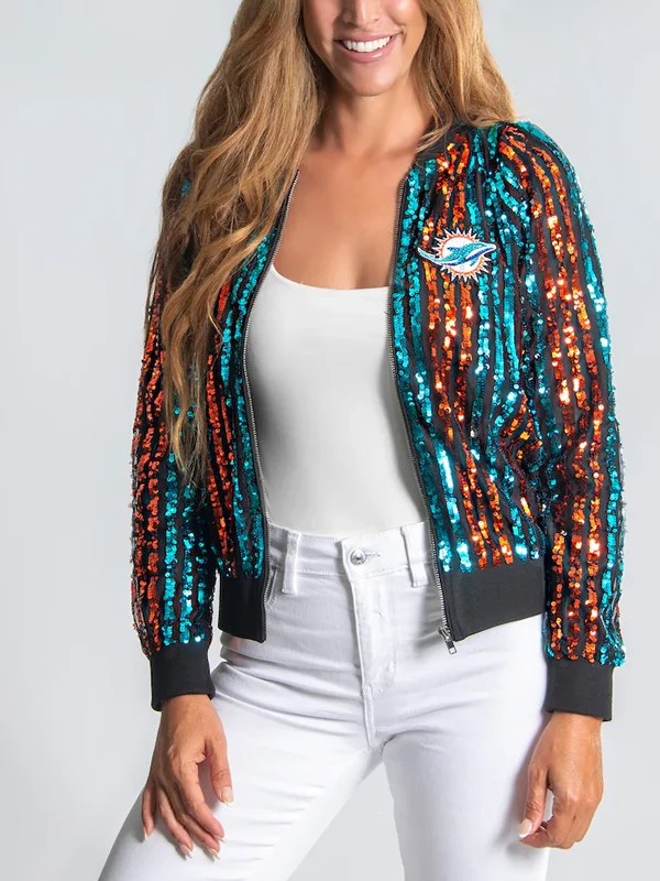 Miami Dolphins Sequin Bomber Jacket Miami Dolphins Sequin Bomber Jacket