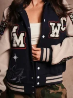 Mickey Mouse Roxy Box Cut Rudy Letterman Varsity Jacket in Navy Blue