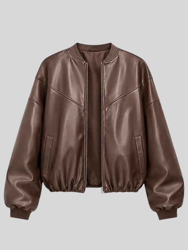 Women’s Oversized Brown Faux Leather Bomber Jacket Women’s Oversized Brown Faux Leather Bomber Jacket