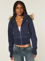 Hollister Peyton Twill Fur Collar Hooded Jacket Blue