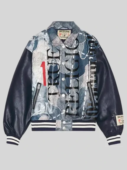 Men true religion no 1 logo denim print bomber jacket