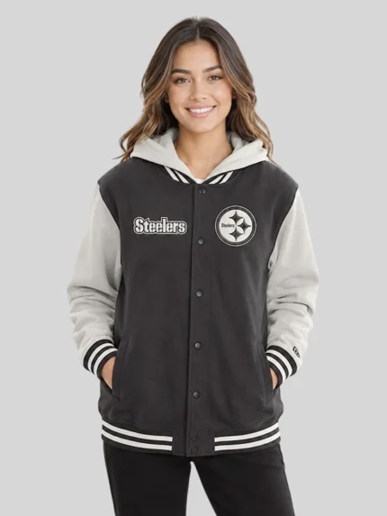 New Era Women’s Pittsburgh Steelers 2026 Black and Gray Full-Snap Fleece Hoodie Jacket