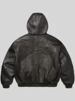 Women supreme studded hooded black leather bomber jacket