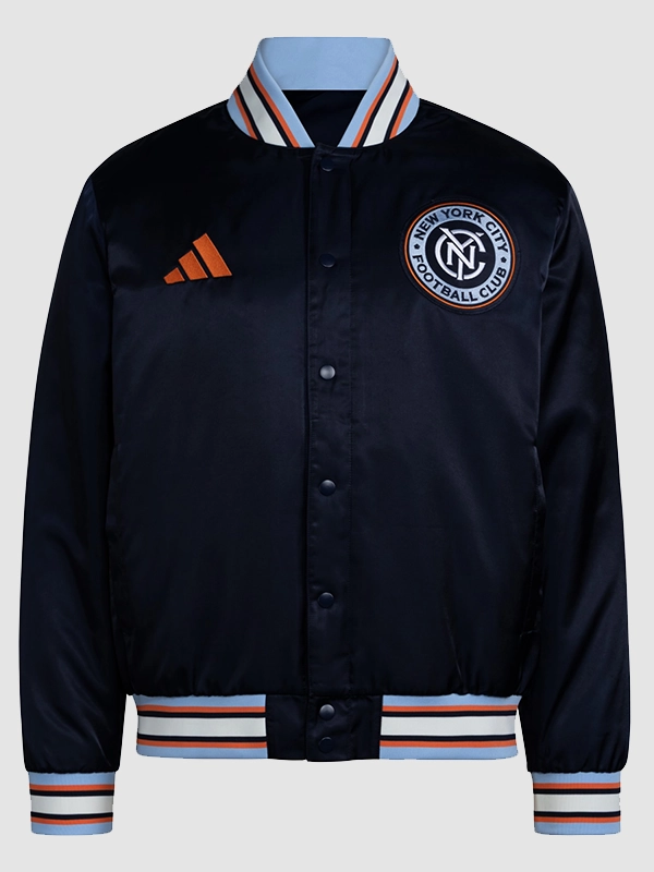 New York City Adidas 2026 Coaches Satin Jacket in Navy Blue New York City Adidas 2026 Coaches Satin Jacket in Navy Blue
